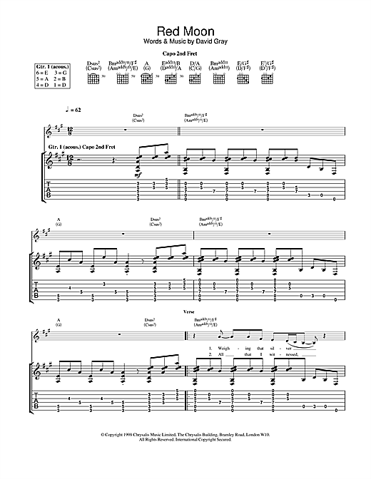 Preview David Gray Red Moon Pop sheet music, notes and chords for Guitar Tab, SKU: 24265 sheet music, piano notes, chords, guitar tabs, score, transpose, transcribe, how to play, guide, download, learn, tutorial, progression, song, artist, awards, billboard, mtv, vh1, tour, single, album, release