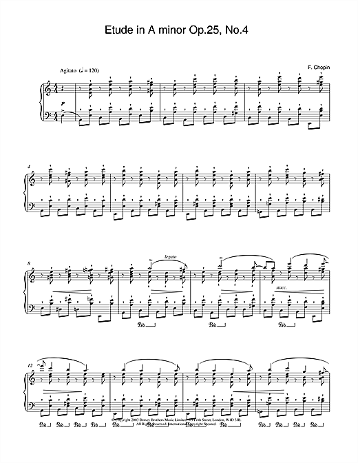 Preview Frederic Chopin Etude In A Minor, Op. 25, No. 4 Classical sheet music, notes and chords for Piano, SKU: 24390 Etude In A Minor, Op. 25, No. 4 sheet music