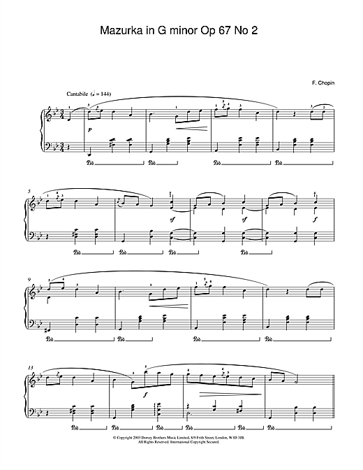 Preview Frederic Chopin Mazurka In G Minor, Op. 67, No. 2 Classical sheet music, notes and chords for Piano, SKU: 24395 Mazurka In G Minor, Op. 67, No. 2 sheet music