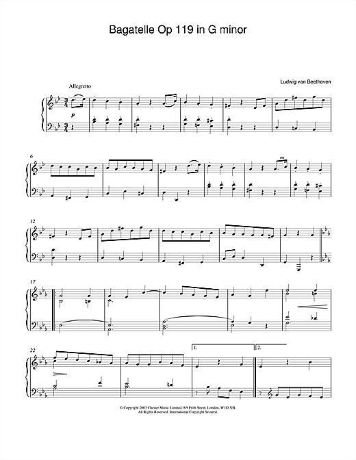 Preview Ludwig van Beethoven Bagatelle Op 119 in G minor Classical sheet music, notes and chords for Piano, SKU: 24421 sheet music, piano notes, chords, guitar tabs, score, transpose, transcribe, how to play, guide, download, learn, tutorial, progression, song, artist, awards, billboard, mtv, vh1, tour, single, album, release