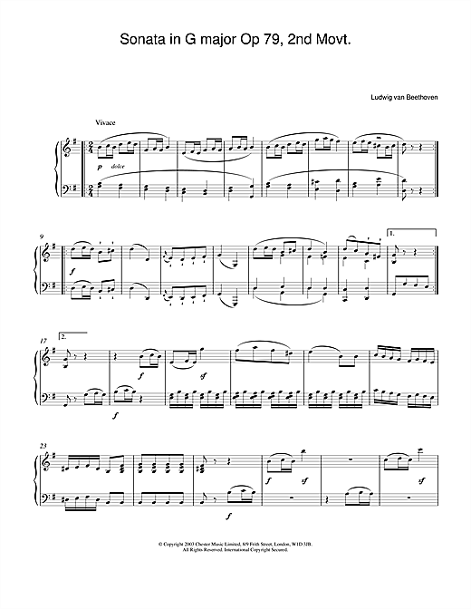 Preview Ludwig van Beethoven Sonata in G major Op 79, 2nd Movt. Classical sheet music, notes and chords for Piano, SKU: 24429 sheet music, piano notes, chords, guitar tabs, score, transpose, transcribe, how to play, guide, download, learn, tutorial, progression, song, artist, awards, billboard, mtv, vh1, tour, single, album, release