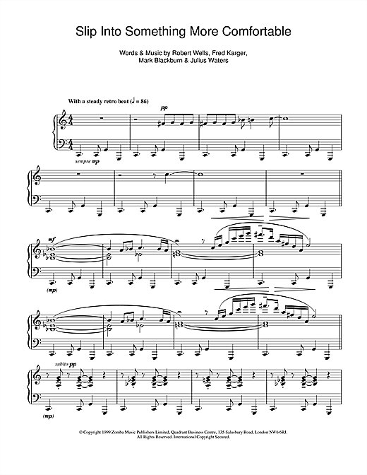 Preview Waters, Karger And Wells Blackburn Slip Into Something More Comfortable Film and TV sheet music, notes and chords for Piano, SKU: 24442 sheet music, piano notes, chords, guitar tabs, score, transpose, transcribe, how to play, guide, download, learn, tutorial, progression, song, artist, awards, billboard, mtv, vh1, tour, single, album, release
