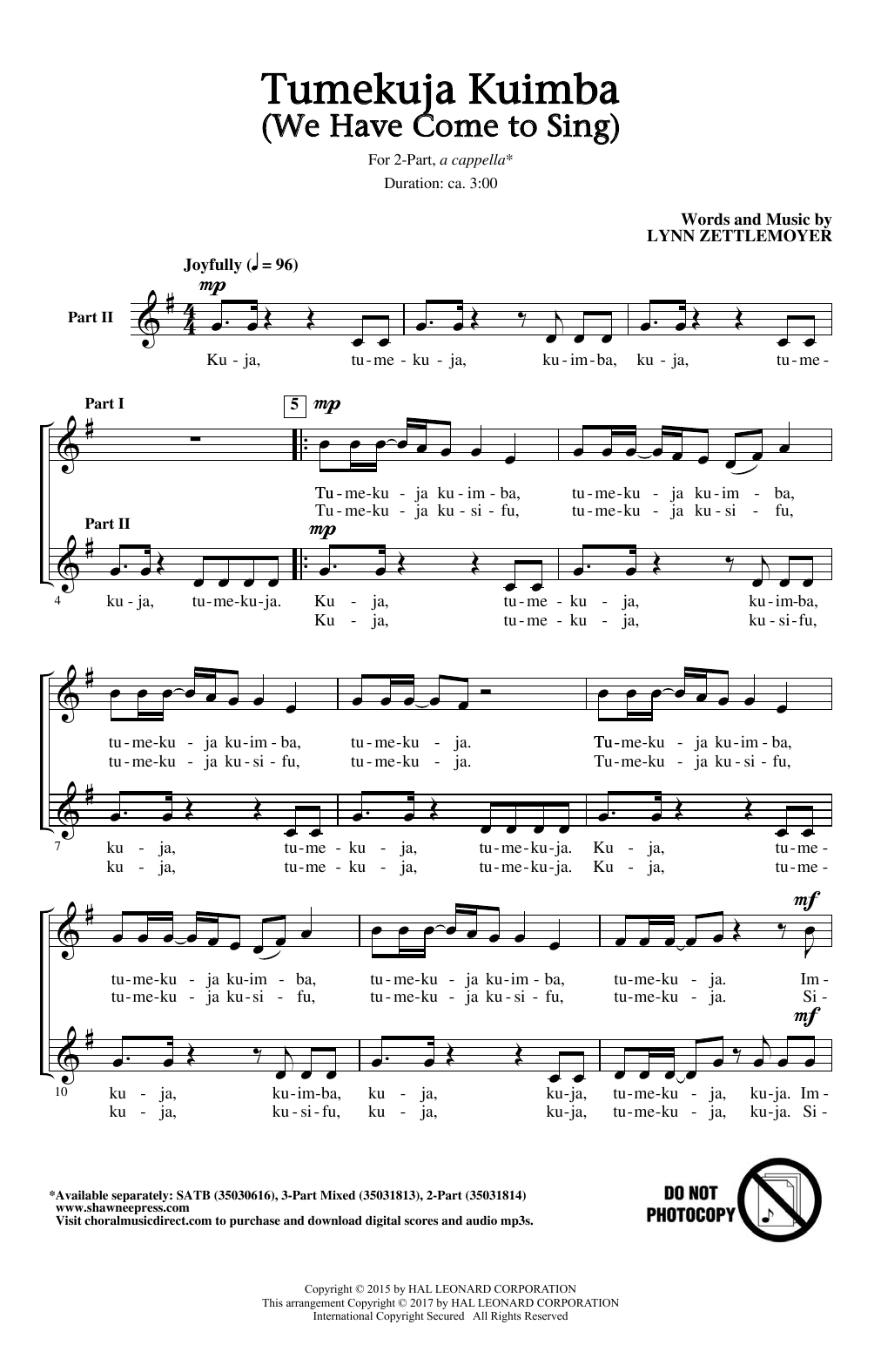 Preview Lynn Zettlemoyer Tumekuja Kuimba (We Have Come To Sing!) A Cappella sheet music, notes and chords for 2-Part Choir, SKU: 250815 sheet music, piano notes, chords, guitar tabs, score, transpose, transcribe, how to play, guide, download, learn, tutorial, progression, song, artist, awards, billboard, mtv, vh1, tour, single, album, release