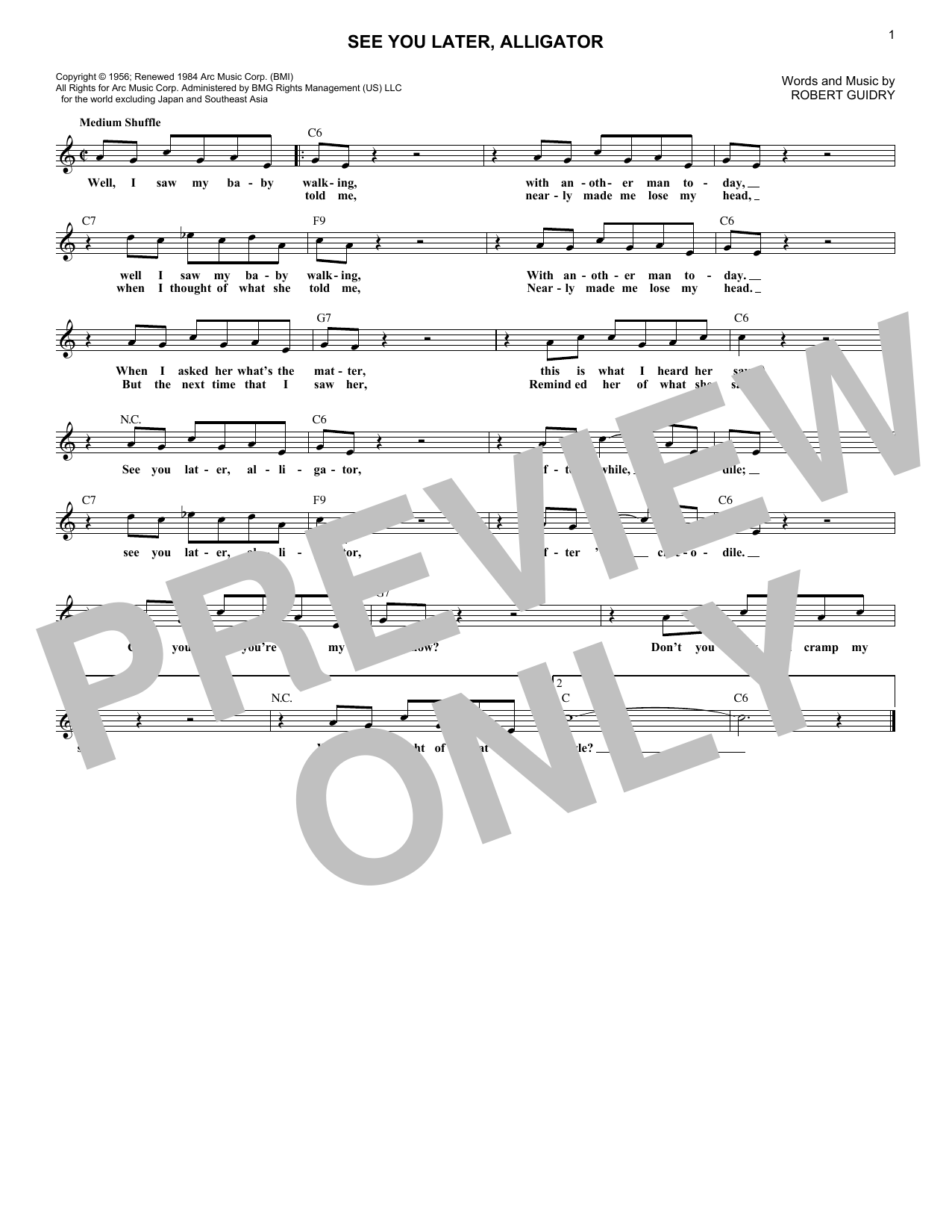 Bill Haley His Comets See You Later Alligator Sheet Music Notes Chords Download Pop Notes Melody Line Lyrics Chords Pdf Print