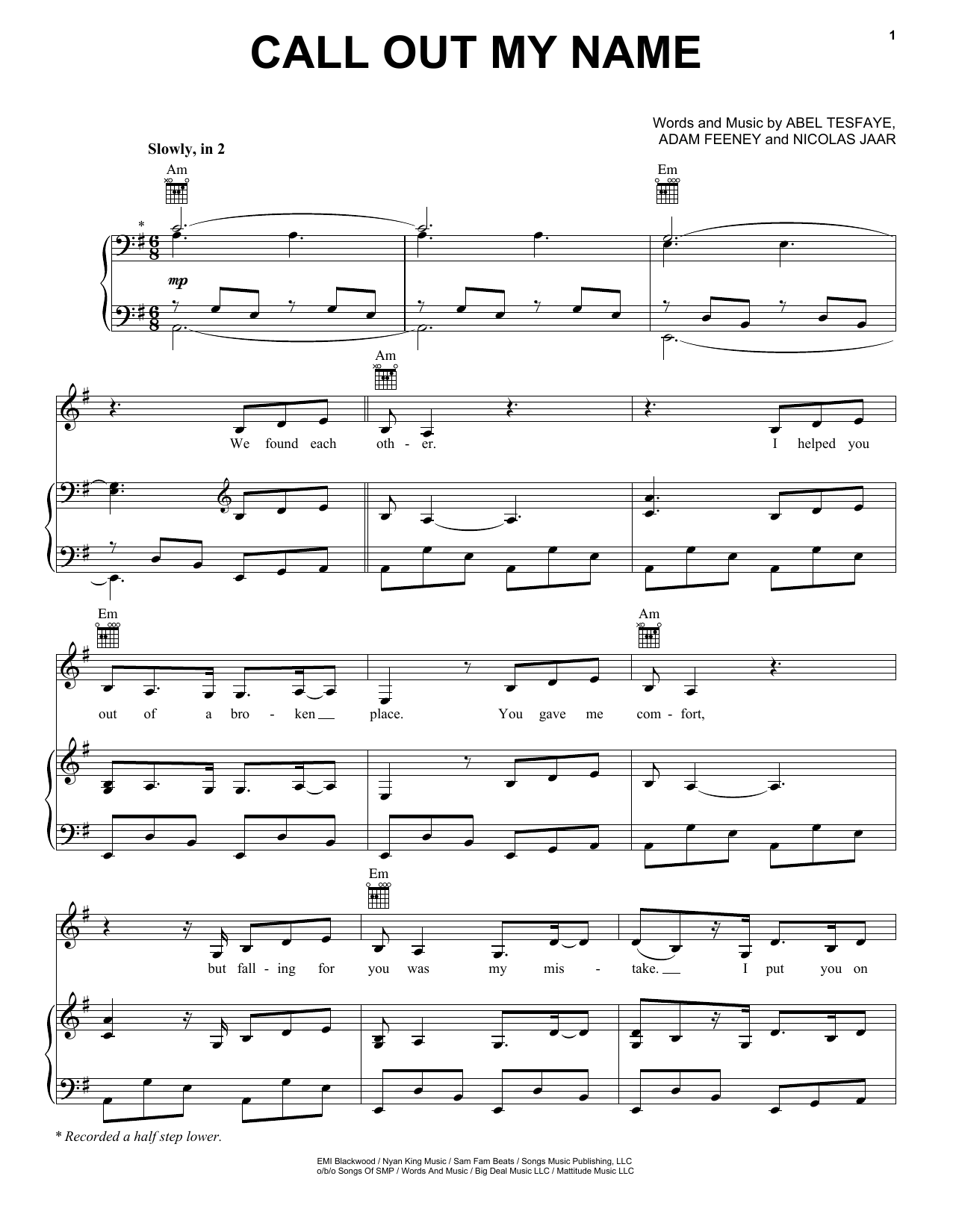 Preview The Weeknd Call Out My Name Pop sheet music, notes and chords for Piano, Vocal & Guitar (Right-Hand Melody), SKU: 251789 sheet music, piano notes, chords, guitar tabs, score, transpose, transcribe, how to play, guide, download, learn, tutorial, progression, song, artist, awards, billboard, mtv, vh1, tour, single, album, release