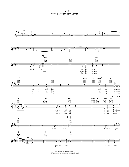 Preview John Lennon Love Pop sheet music, notes and chords for Melody Line, Lyrics & Chords, SKU: 25178 sheet music, piano notes, chords, guitar tabs, score, transpose, transcribe, how to play, guide, download, learn, tutorial, progression, song, artist, awards, billboard, mtv, vh1, tour, single, album, release