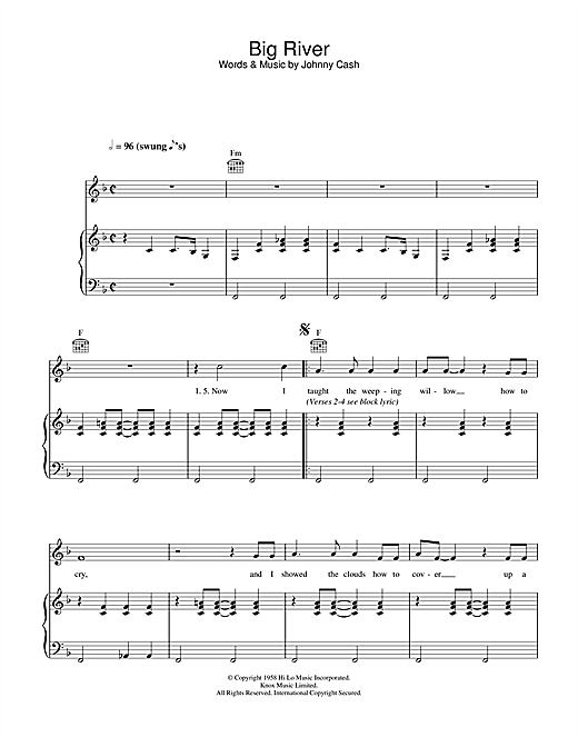 Preview Johnny Cash Big River Country sheet music, notes and chords for Piano, Vocal & Guitar, SKU: 25187 sheet music, piano notes, chords, guitar tabs, score, transpose, transcribe, how to play, guide, download, learn, tutorial, progression, song, artist, awards, billboard, mtv, vh1, tour, single, album, release