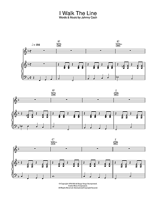 Preview Johnny Cash I Walk The Line Country sheet music, notes and chords for Piano, Vocal & Guitar, SKU: 25192 sheet music, piano notes, chords, guitar tabs, score, transpose, transcribe, how to play, guide, download, learn, tutorial, progression, song, artist, awards, billboard, mtv, vh1, tour, single, album, release