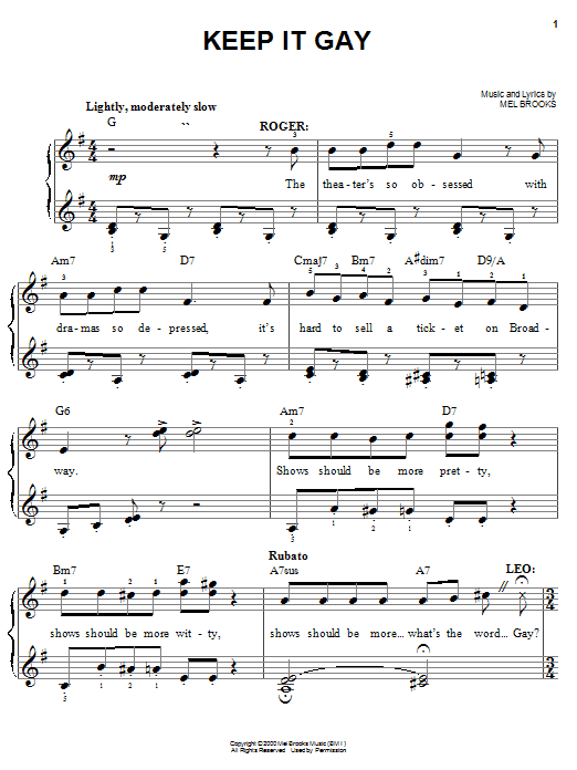 Preview Mel Brooks Keep It Gay Musicals sheet music, notes and chords for Easy Piano, SKU: 25283 sheet music, piano notes, chords, guitar tabs, score, transpose, transcribe, how to play, guide, download, learn, tutorial, progression, song, artist, awards, billboard, mtv, vh1, tour, single, album, release