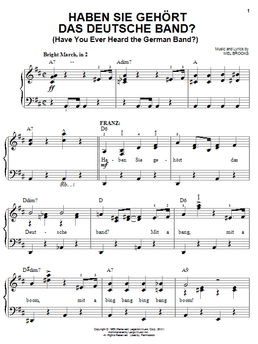Preview Mel Brooks Haben Sie Gehort Das Deutsche Band? (Have You Ever Heard The German Band?) Musicals sheet music, notes and chords for Easy Piano, SKU: 25291 sheet music, piano notes, chords, guitar tabs, score, transpose, transcribe, how to play, guide, download, learn, tutorial, progression, song, artist, awards, billboard, mtv, vh1, tour, single, album, release
