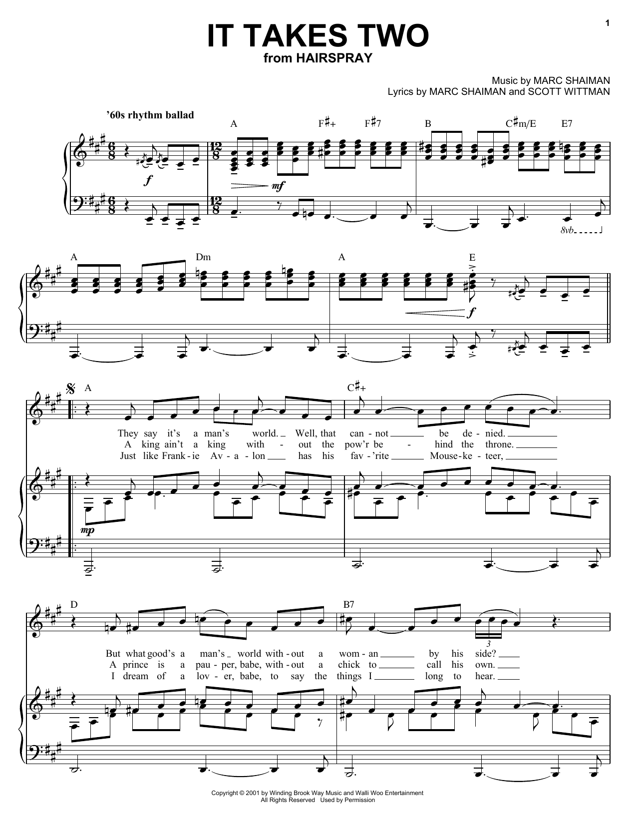 Preview Marc Shaiman It Takes Two (from Hairspray) Musicals sheet music, notes and chords for Piano, Vocal & Guitar (Right-Hand Melody), SKU: 25315 sheet music, piano notes, chords, guitar tabs, score, transpose, transcribe, how to play, guide, download, learn, tutorial, progression, song, artist, awards, billboard, mtv, vh1, tour, single, album, release