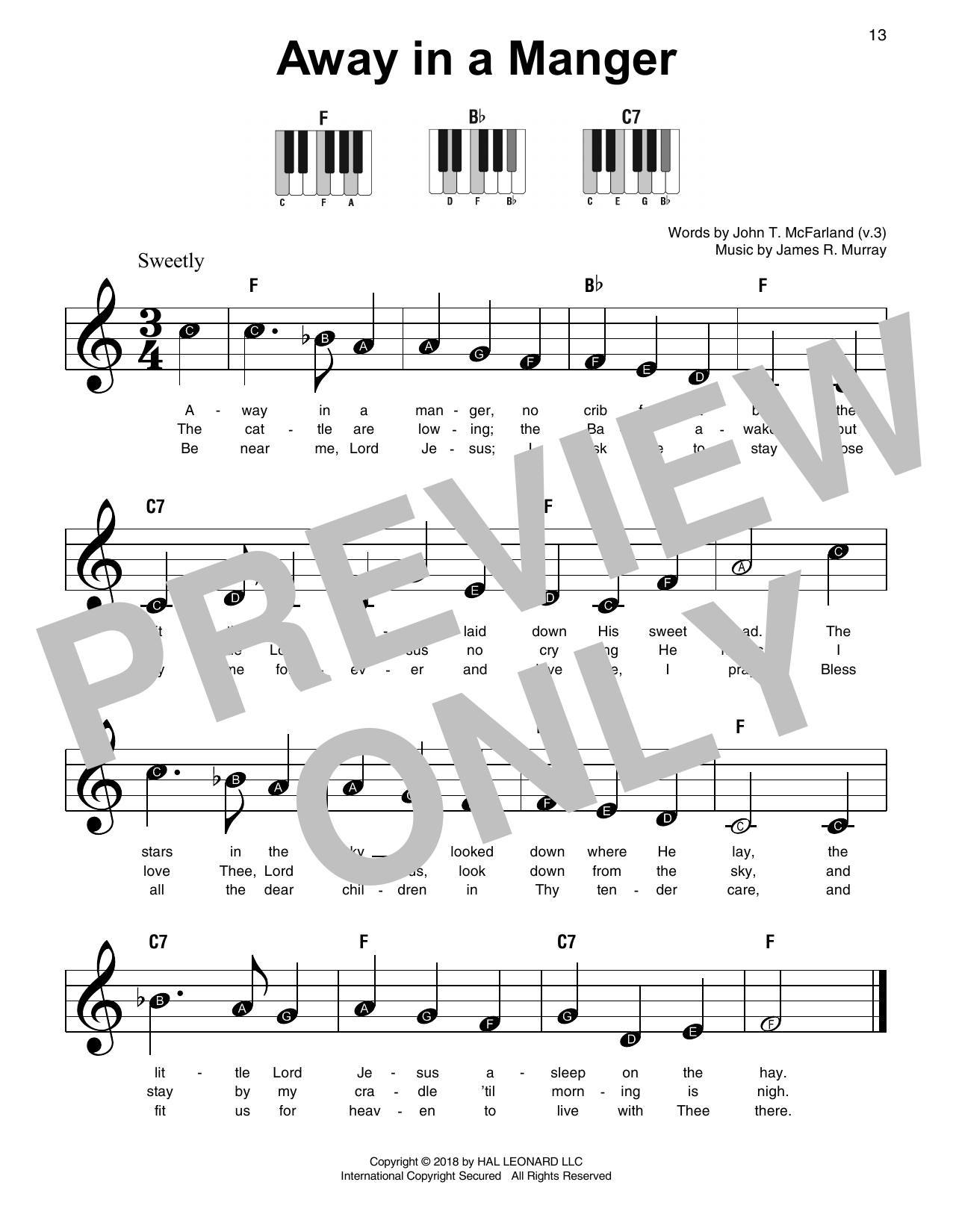 Preview James R. Murray Away In A Manger Christmas sheet music, notes and chords for Super Easy Piano, SKU: 253359 sheet music, piano notes, chords, guitar tabs, score, transpose, transcribe, how to play, guide, download, learn, tutorial, progression, song, artist, awards, billboard, mtv, vh1, tour, single, album, release