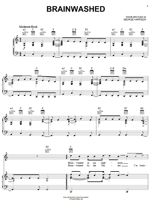 Preview George Harrison Brainwashed Rock sheet music, notes and chords for Piano, Vocal & Guitar (Right-Hand Melody), SKU: 25337 sheet music, piano notes, chords, guitar tabs, score, transpose, transcribe, how to play, guide, download, learn, tutorial, progression, song, artist, awards, billboard, mtv, vh1, tour, single, album, release