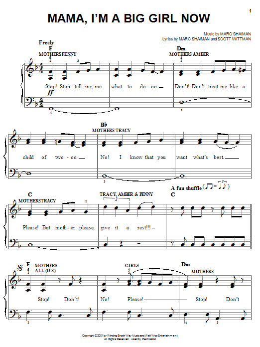 Preview Marc Shaiman Mama, I'm A Big Girl Now (from Hairspray) Musicals sheet music, notes and chords for Easy Piano, SKU: 25342 sheet music, piano notes, chords, guitar tabs, score, transpose, transcribe, how to play, guide, download, learn, tutorial, progression, song, artist, awards, billboard, mtv, vh1, tour, single, album, release