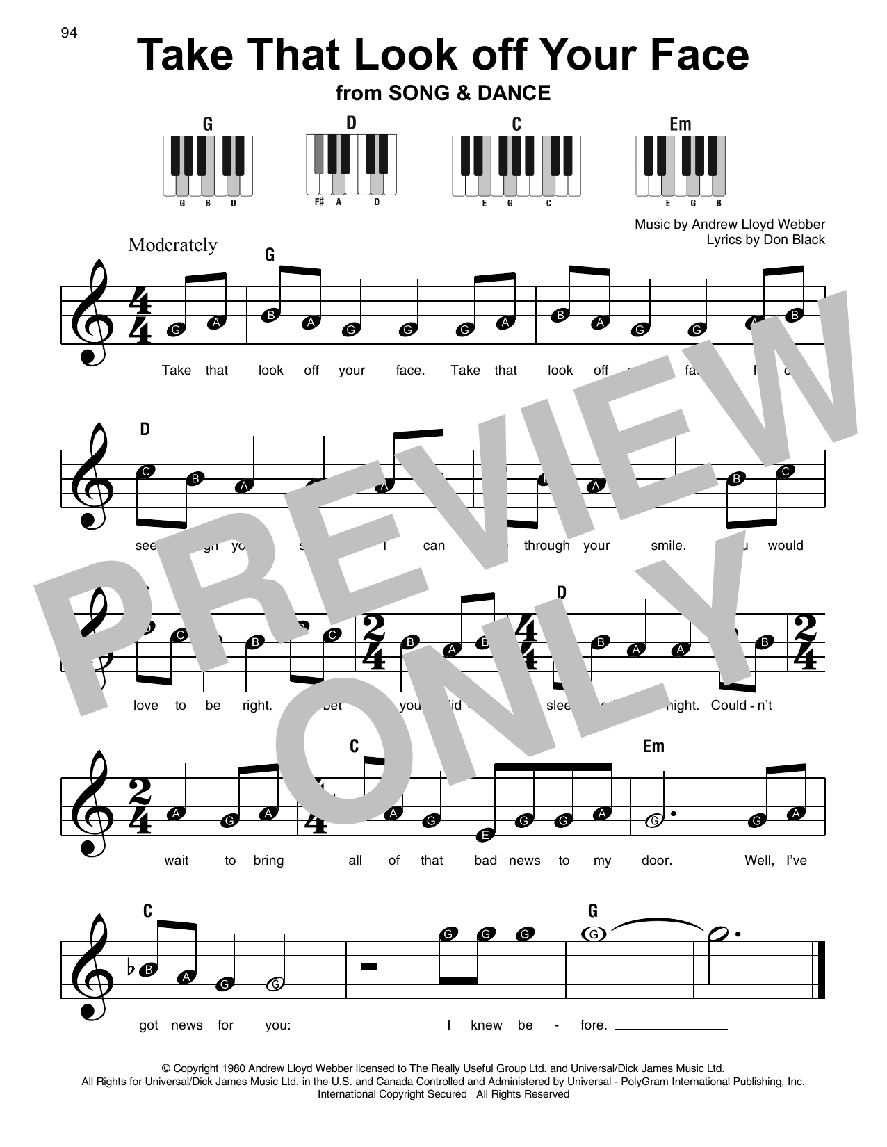 Preview Andrew Lloyd Webber Take That Look Off Your Face Broadway sheet music, notes and chords for Super Easy Piano, SKU: 253485 sheet music, piano notes, chords, guitar tabs, score, transpose, transcribe, how to play, guide, download, learn, tutorial, progression, song, artist, awards, billboard, mtv, vh1, tour, single, album, release