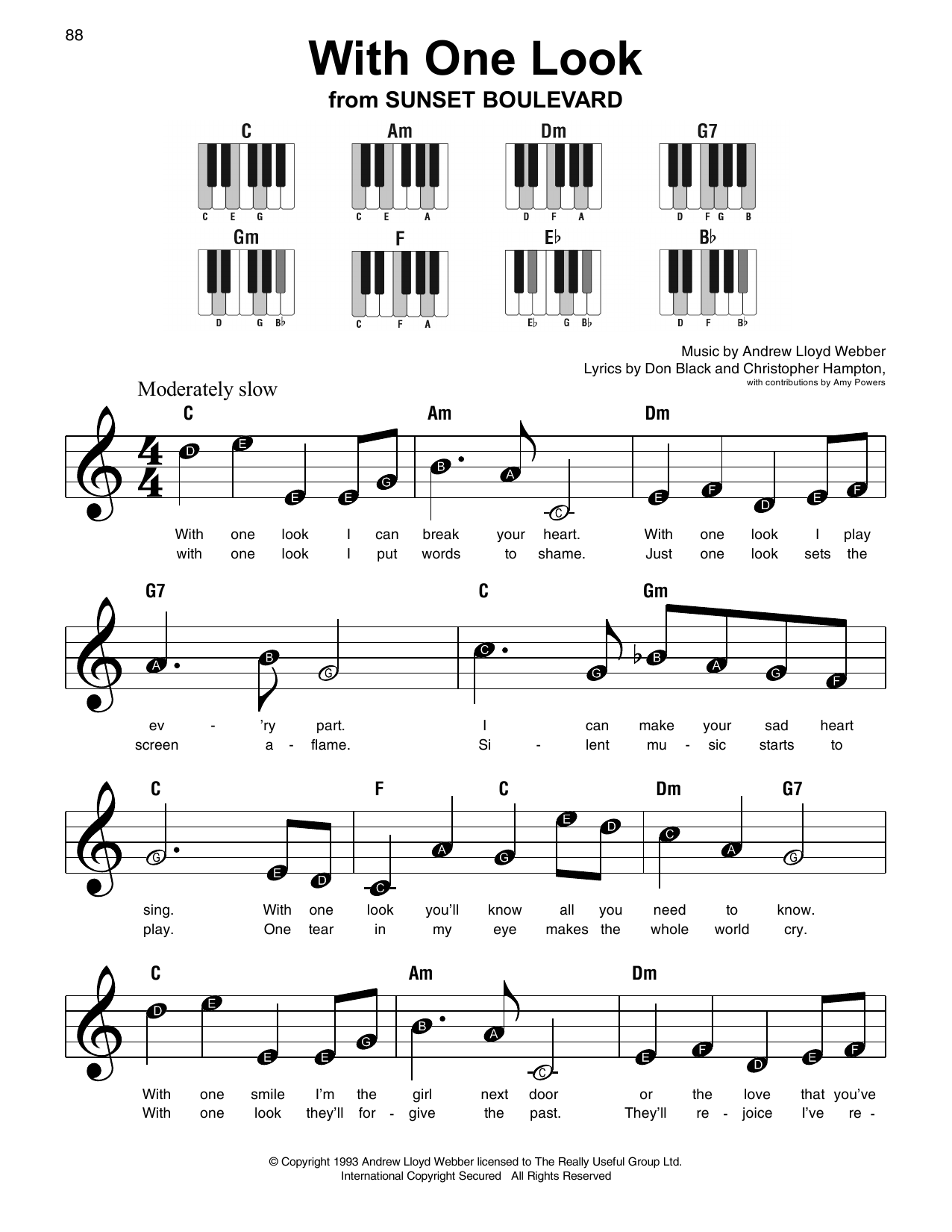 Preview Andrew Lloyd Webber With One Look Broadway sheet music, notes and chords for Super Easy Piano, SKU: 253490 sheet music, piano notes, chords, guitar tabs, score, transpose, transcribe, how to play, guide, download, learn, tutorial, progression, song, artist, awards, billboard, mtv, vh1, tour, single, album, release