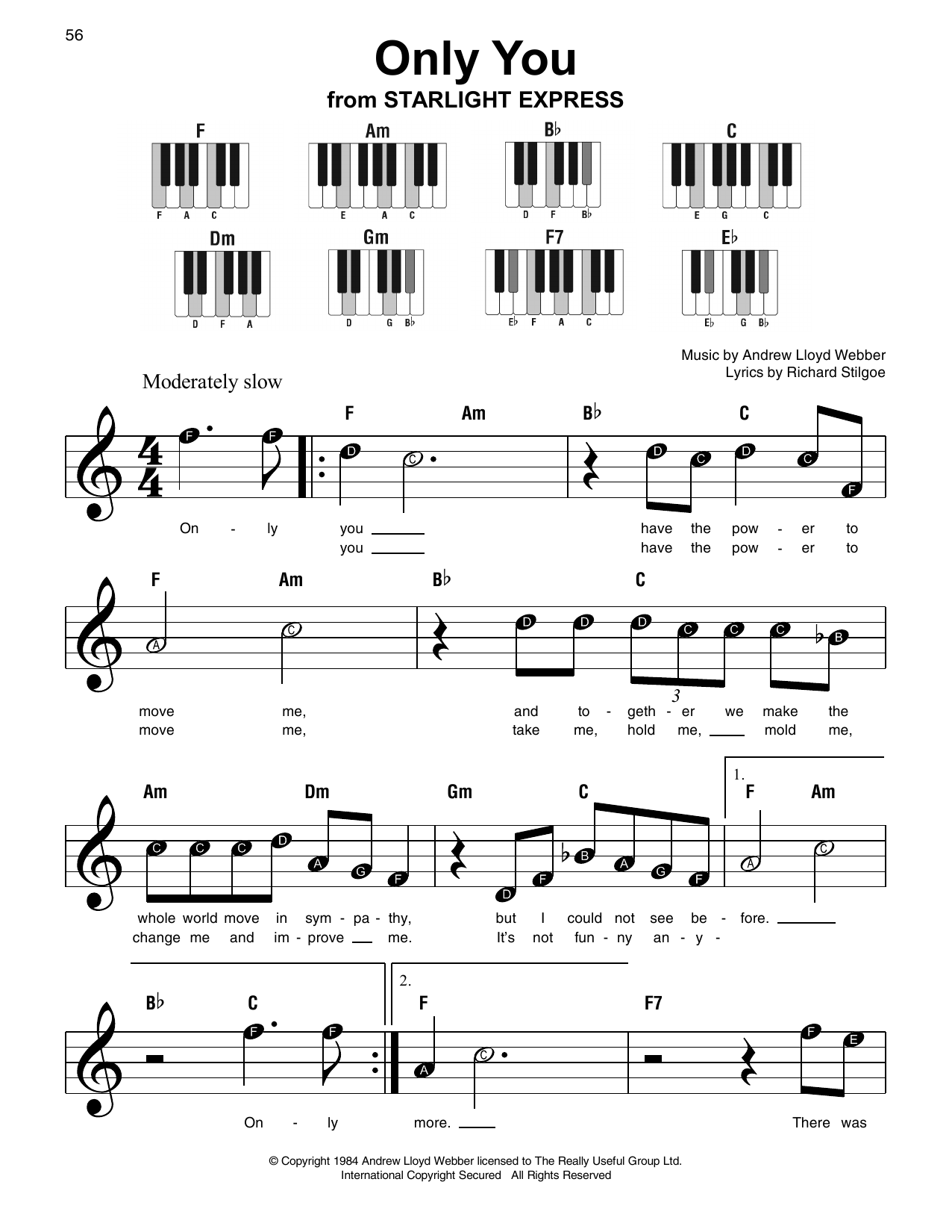 Preview Andrew Lloyd Webber Only You Broadway sheet music, notes and chords for Super Easy Piano, SKU: 253492 sheet music, piano notes, chords, guitar tabs, score, transpose, transcribe, how to play, guide, download, learn, tutorial, progression, song, artist, awards, billboard, mtv, vh1, tour, single, album, release