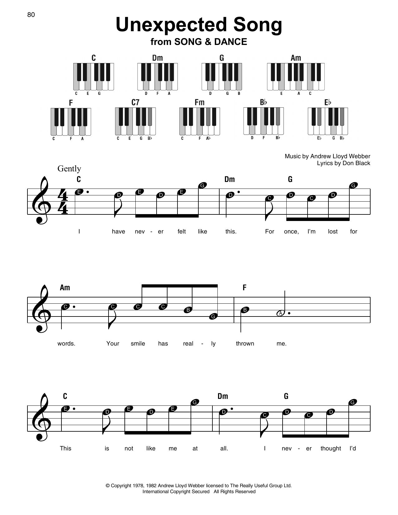 Preview Andrew Lloyd Webber Unexpected Song Broadway sheet music, notes and chords for Super Easy Piano, SKU: 253493 sheet music, piano notes, chords, guitar tabs, score, transpose, transcribe, how to play, guide, download, learn, tutorial, progression, song, artist, awards, billboard, mtv, vh1, tour, single, album, release