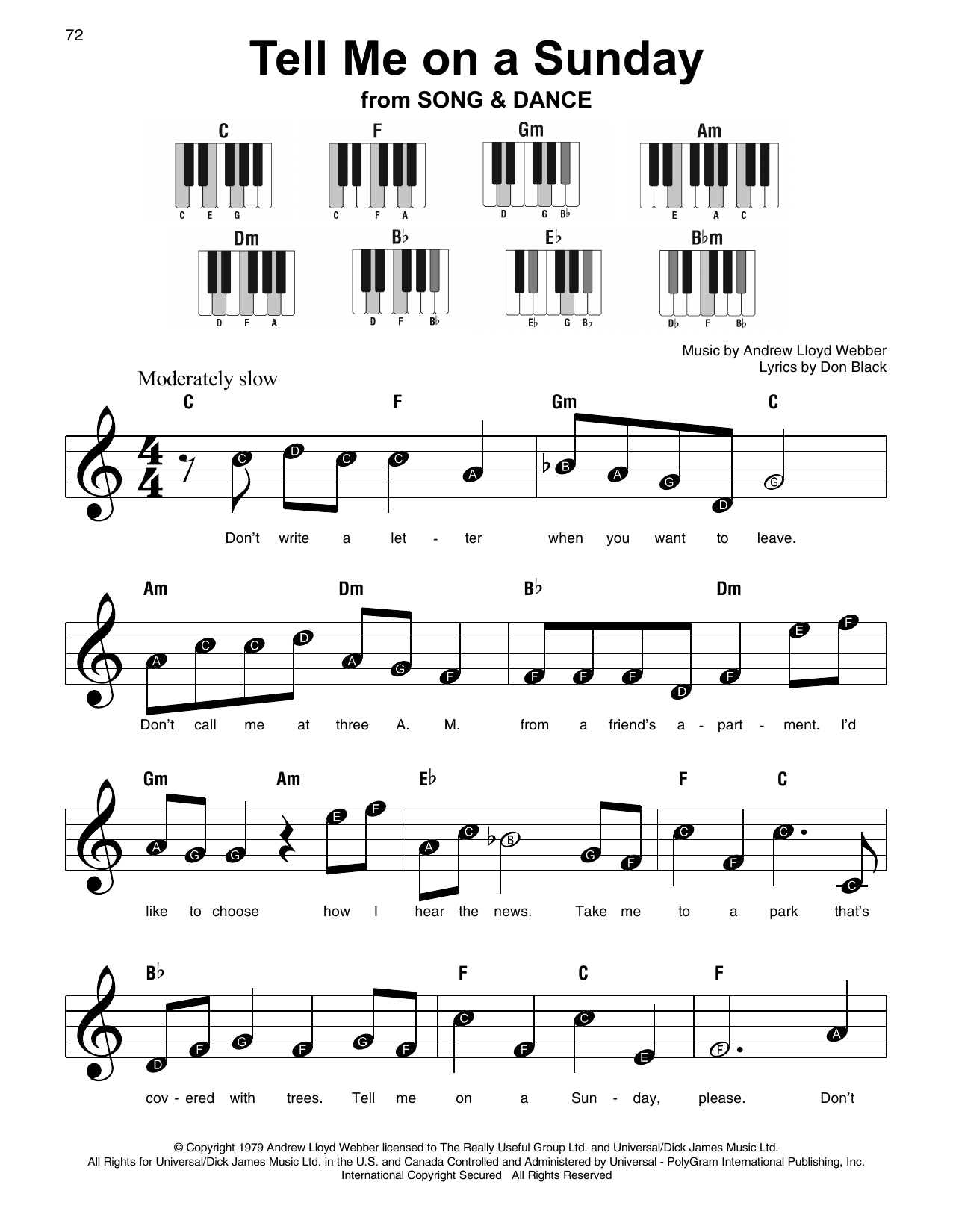 Preview Andrew Lloyd Webber Tell Me On A Sunday Broadway sheet music, notes and chords for Super Easy Piano, SKU: 253496 sheet music, piano notes, chords, guitar tabs, score, transpose, transcribe, how to play, guide, download, learn, tutorial, progression, song, artist, awards, billboard, mtv, vh1, tour, single, album, release