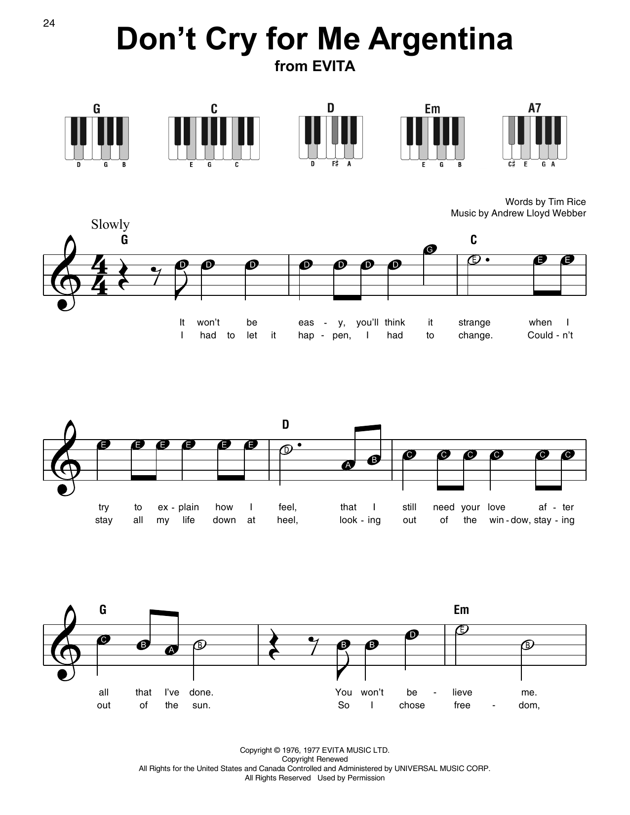 Preview Andrew Lloyd Webber Don't Cry For Me Argentina Broadway sheet music, notes and chords for Super Easy Piano, SKU: 253510 sheet music, piano notes, chords, guitar tabs, score, transpose, transcribe, how to play, guide, download, learn, tutorial, progression, song, artist, awards, billboard, mtv, vh1, tour, single, album, release