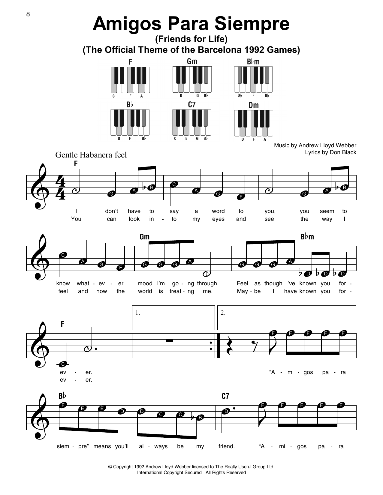 Preview Andrew Lloyd Webber Amigos Para Siempre (Friends For Life) Broadway sheet music, notes and chords for Super Easy Piano, SKU: 253527 sheet music, piano notes, chords, guitar tabs, score, transpose, transcribe, how to play, guide, download, learn, tutorial, progression, song, artist, awards, billboard, mtv, vh1, tour, single, album, release