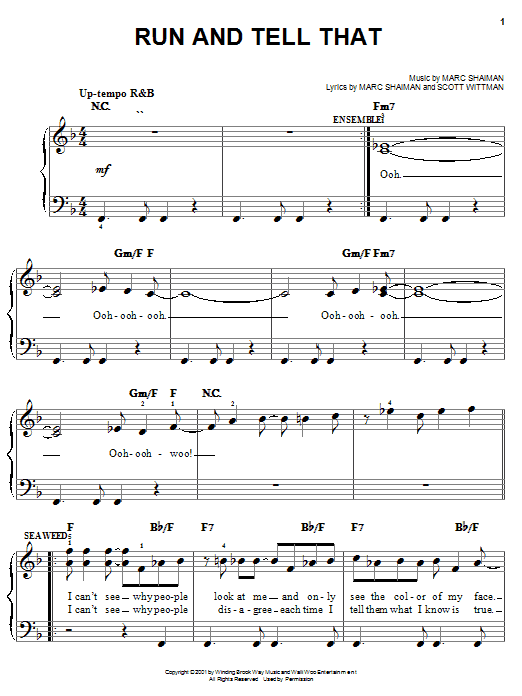 Preview Marc Shaiman Run And Tell That (from Hairspray) Musicals sheet music, notes and chords for Easy Piano, SKU: 25361 sheet music, piano notes, chords, guitar tabs, score, transpose, transcribe, how to play, guide, download, learn, tutorial, progression, song, artist, awards, billboard, mtv, vh1, tour, single, album, release