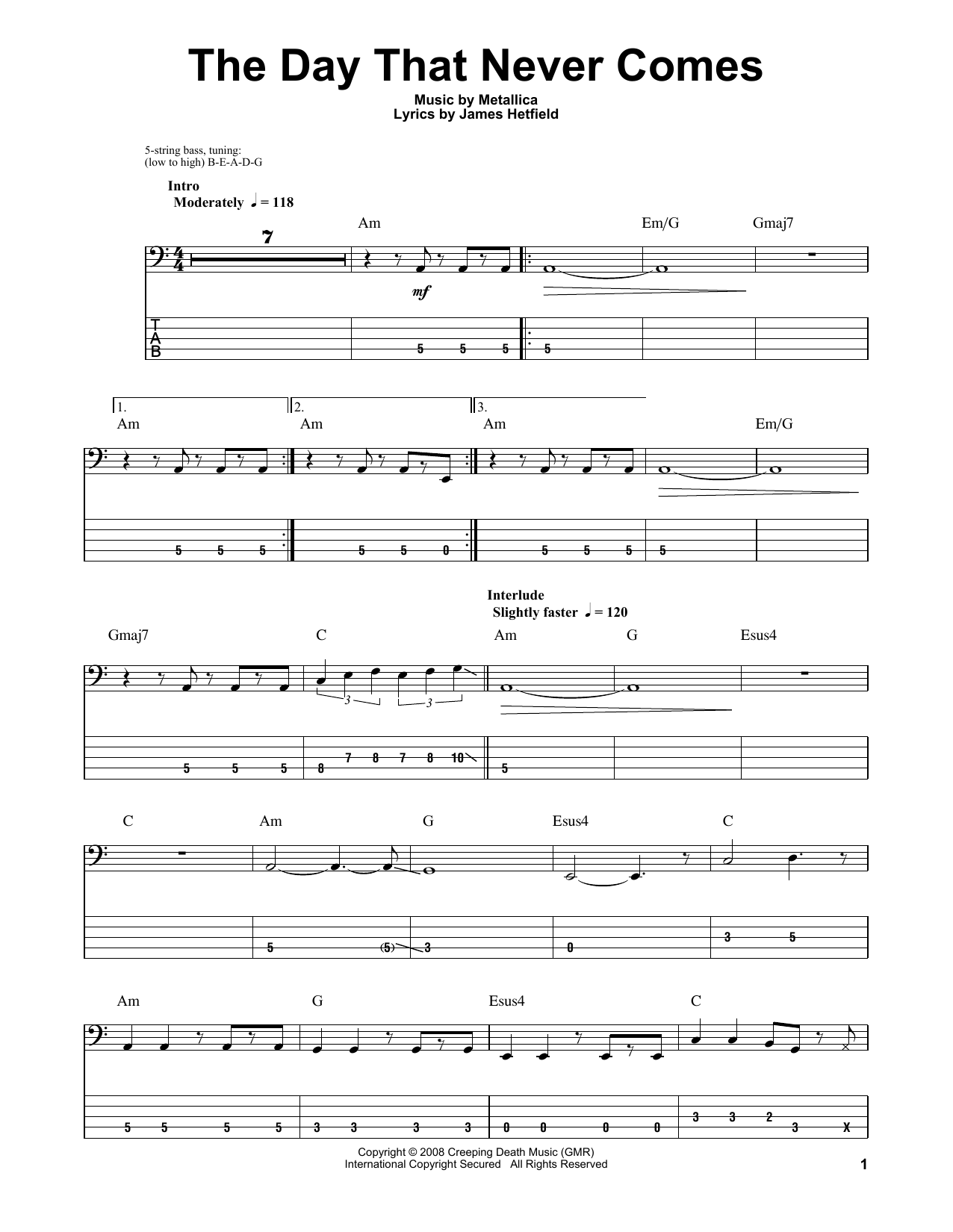 Metallica The Day That Never Comes Sheet Music Notes, Chords.