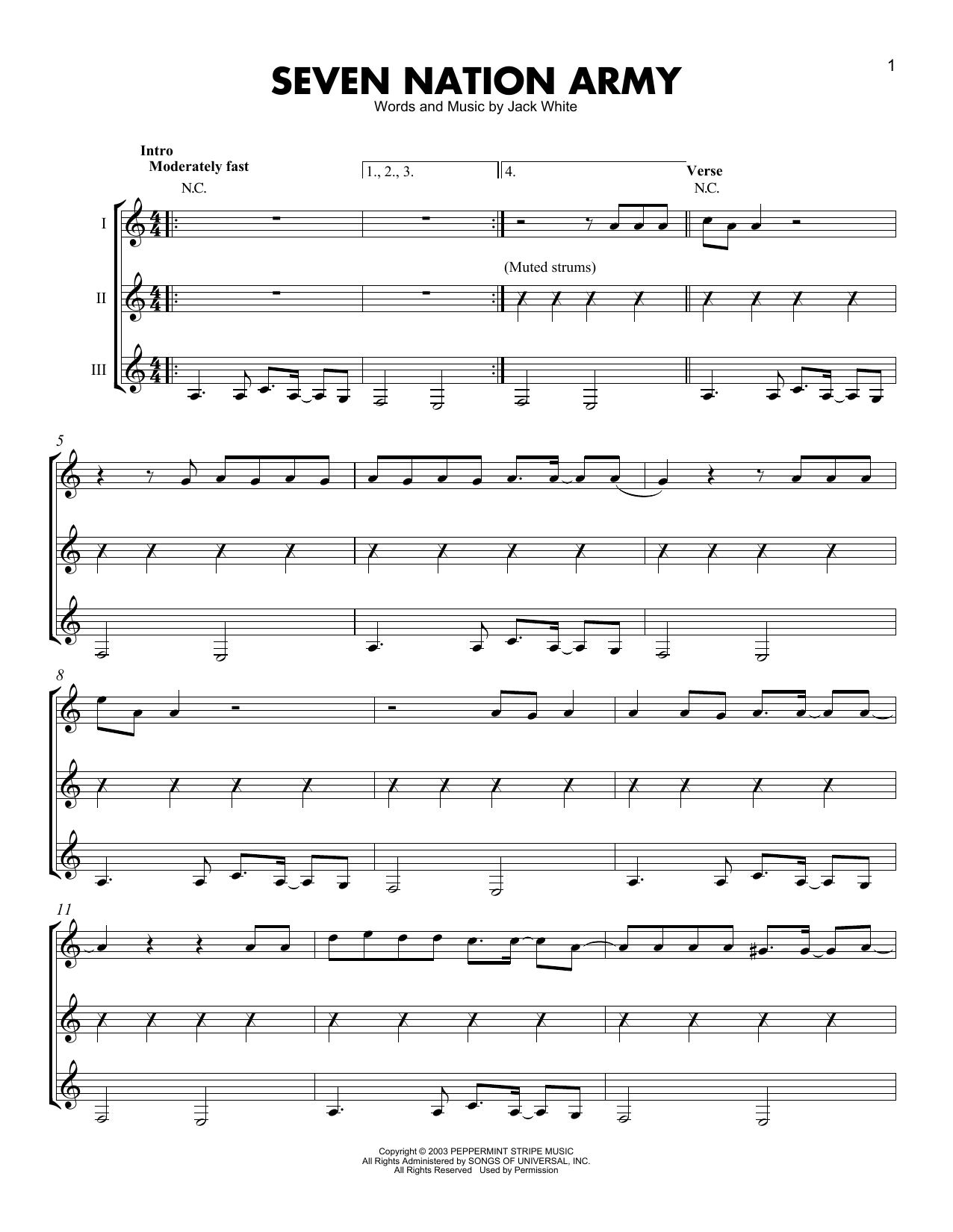 White Stripes Seven Nation Army Chords Sheet Music Notes Download Rock Guitar Ensemble Pdf Print 254487