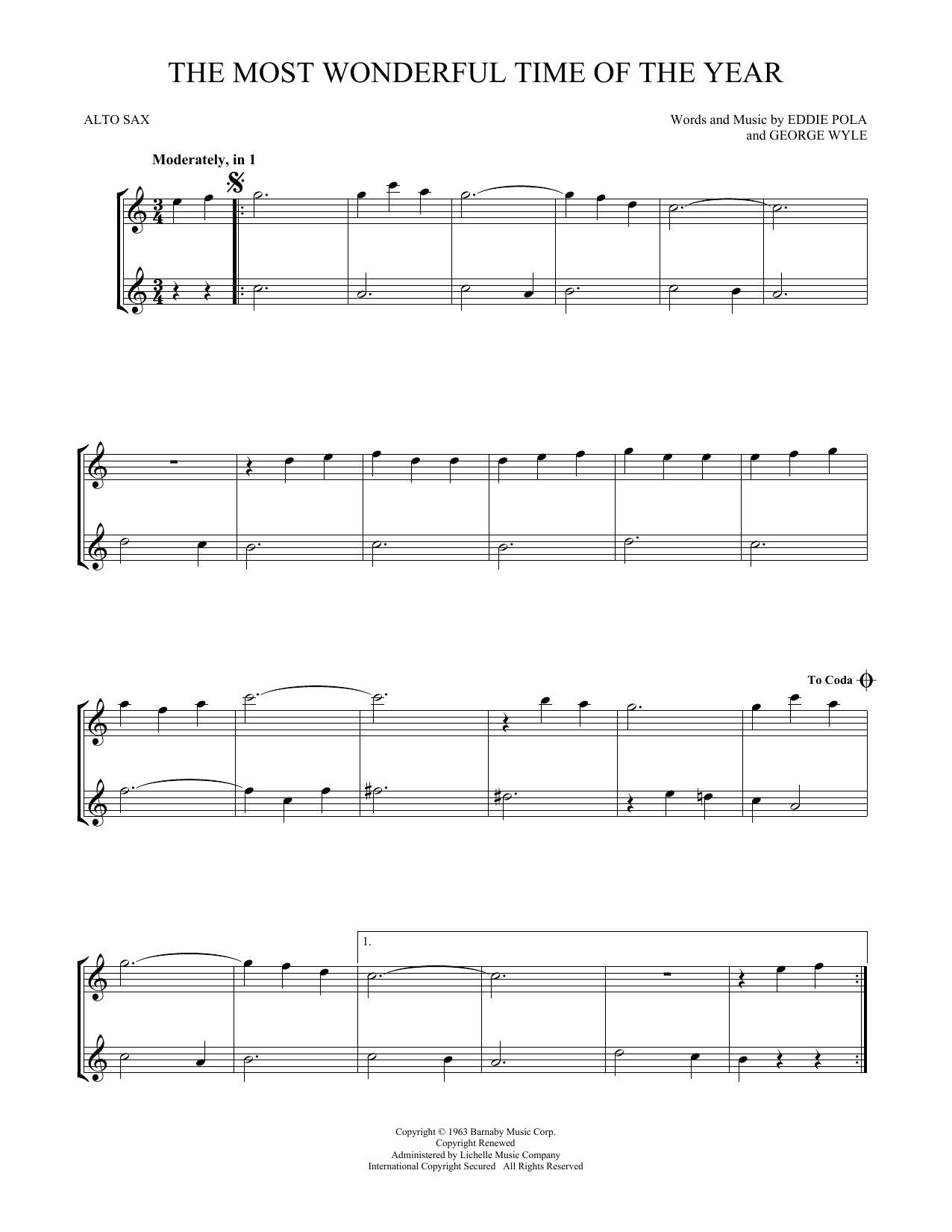Preview Eddie Pola The Most Wonderful Time Of The Year Christmas sheet music, notes and chords for Alto Saxophone Duet, SKU: 254813 sheet music, piano notes, chords, guitar tabs, score, transpose, transcribe, how to play, guide, download, learn, tutorial, progression, song, artist, awards, billboard, mtv, vh1, tour, single, album, release
