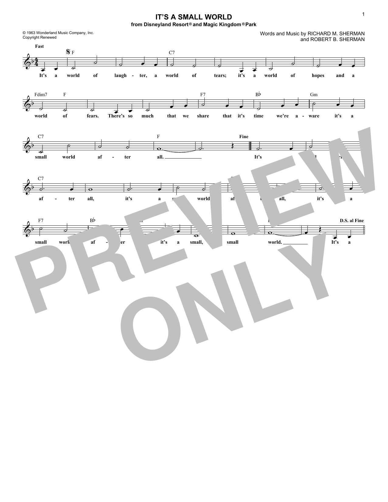 Richard M Sherman It S A Small World Chords Sheet Music Notes Download Children Melody Line Lyrics Chords Pdf Print