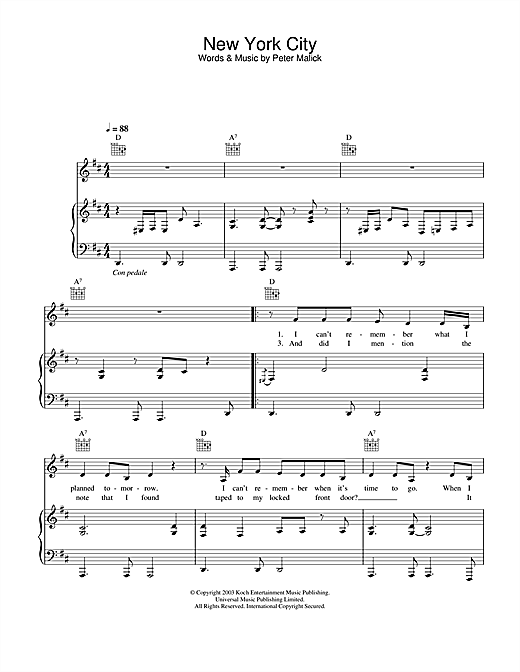Preview Peter Malick & Norah Jones New York City Blues sheet music, notes and chords for Piano, Vocal & Guitar, SKU: 25488 sheet music, piano notes, chords, guitar tabs, score, transpose, transcribe, how to play, guide, download, learn, tutorial, progression, song, artist, awards, billboard, mtv, vh1, tour, single, album, release