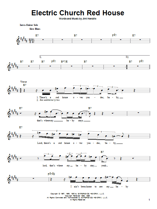 Preview Jimi Hendrix Electric Church Red House Rock sheet music, notes and chords for Melody Line, Lyrics & Chords, SKU: 25495 sheet music, piano notes, chords, guitar tabs, score, transpose, transcribe, how to play, guide, download, learn, tutorial, progression, song, artist, awards, billboard, mtv, vh1, tour, single, album, release