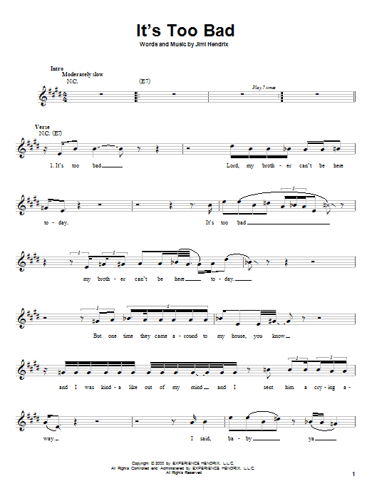Preview Jimi Hendrix It's Too Bad Rock sheet music, notes and chords for Melody Line, Lyrics & Chords, SKU: 25501 sheet music, piano notes, chords, guitar tabs, score, transpose, transcribe, how to play, guide, download, learn, tutorial, progression, song, artist, awards, billboard, mtv, vh1, tour, single, album, release