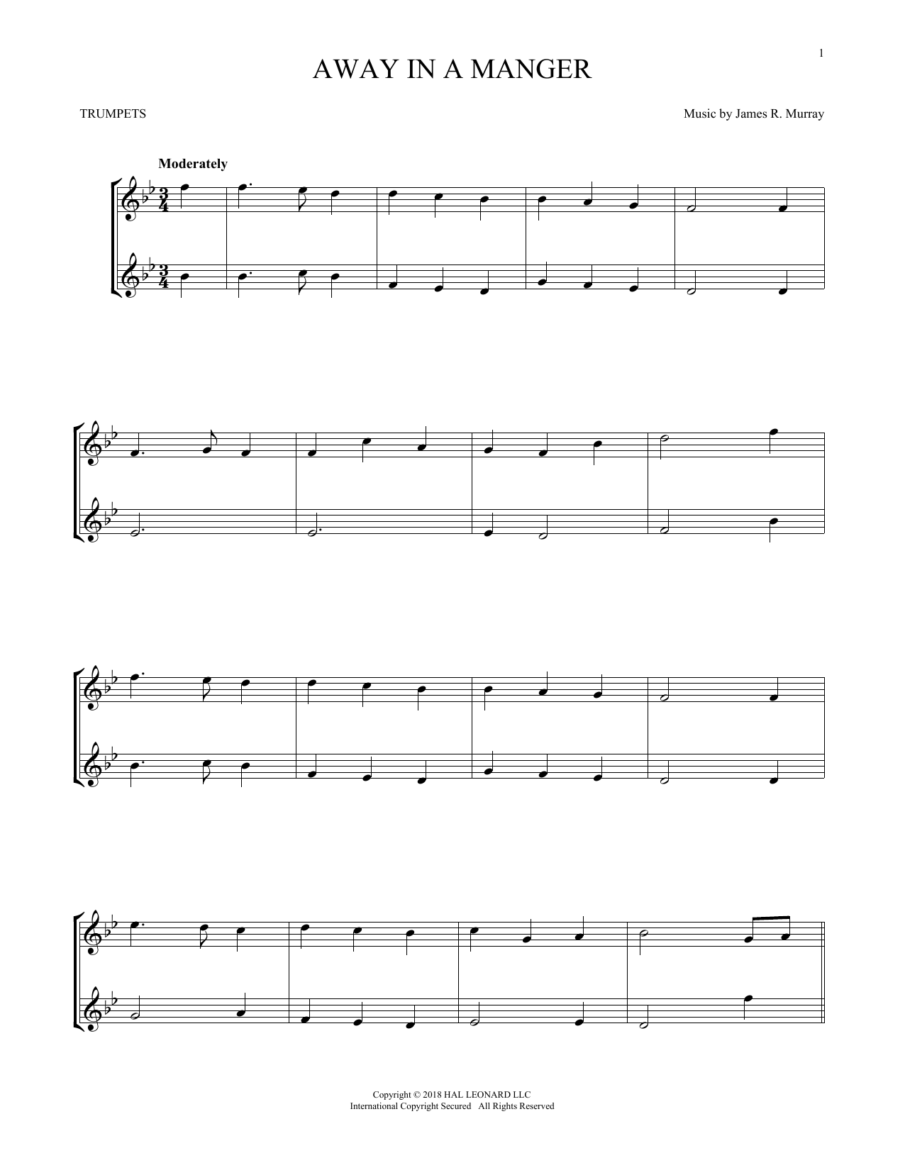 Preview James R. Murray Away In A Manger Christmas sheet music, notes and chords for Trumpet Duet, SKU: 255032 sheet music, piano notes, chords, guitar tabs, score, transpose, transcribe, how to play, guide, download, learn, tutorial, progression, song, artist, awards, billboard, mtv, vh1, tour, single, album, release