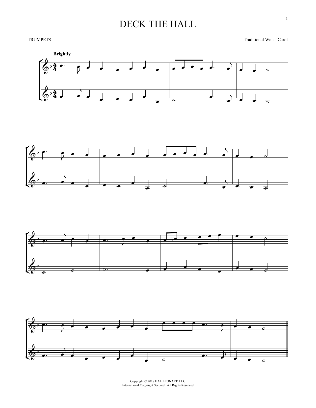 Preview Traditional Welsh Carol Deck The Hall Christmas sheet music, notes and chords for Trumpet Duet, SKU: 255033 sheet music, piano notes, chords, guitar tabs, score, transpose, transcribe, how to play, guide, download, learn, tutorial, progression, song, artist, awards, billboard, mtv, vh1, tour, single, album, release