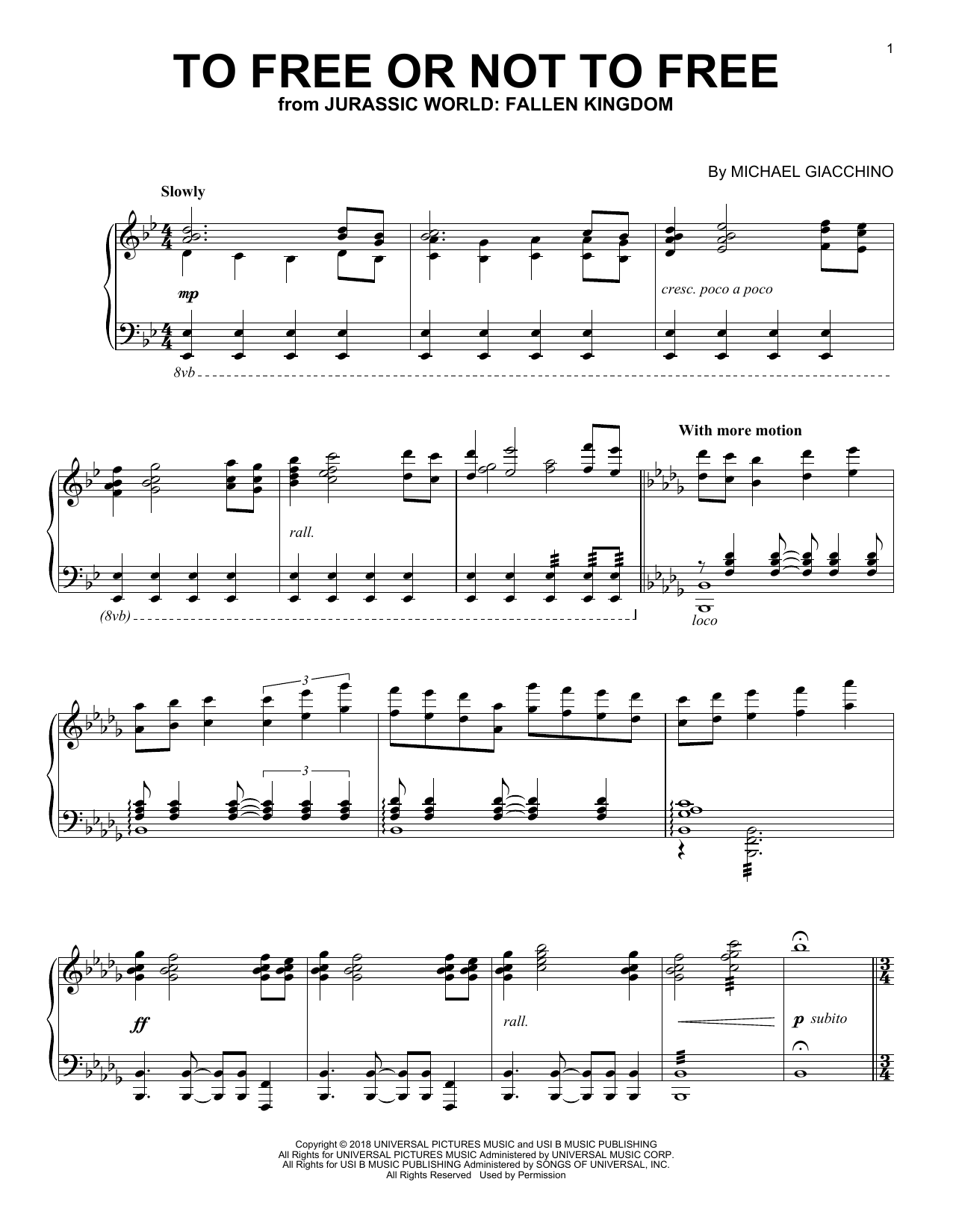 Preview Michael Giacchino To Free Or Not To Free (from Jurassic World: Fallen Kingdom) Classical sheet music, notes and chords for Piano, SKU: 255121 sheet music, piano notes, chords, guitar tabs, score, transpose, transcribe, how to play, guide, download, learn, tutorial, progression, song, artist, awards, billboard, mtv, vh1, tour, single, album, release