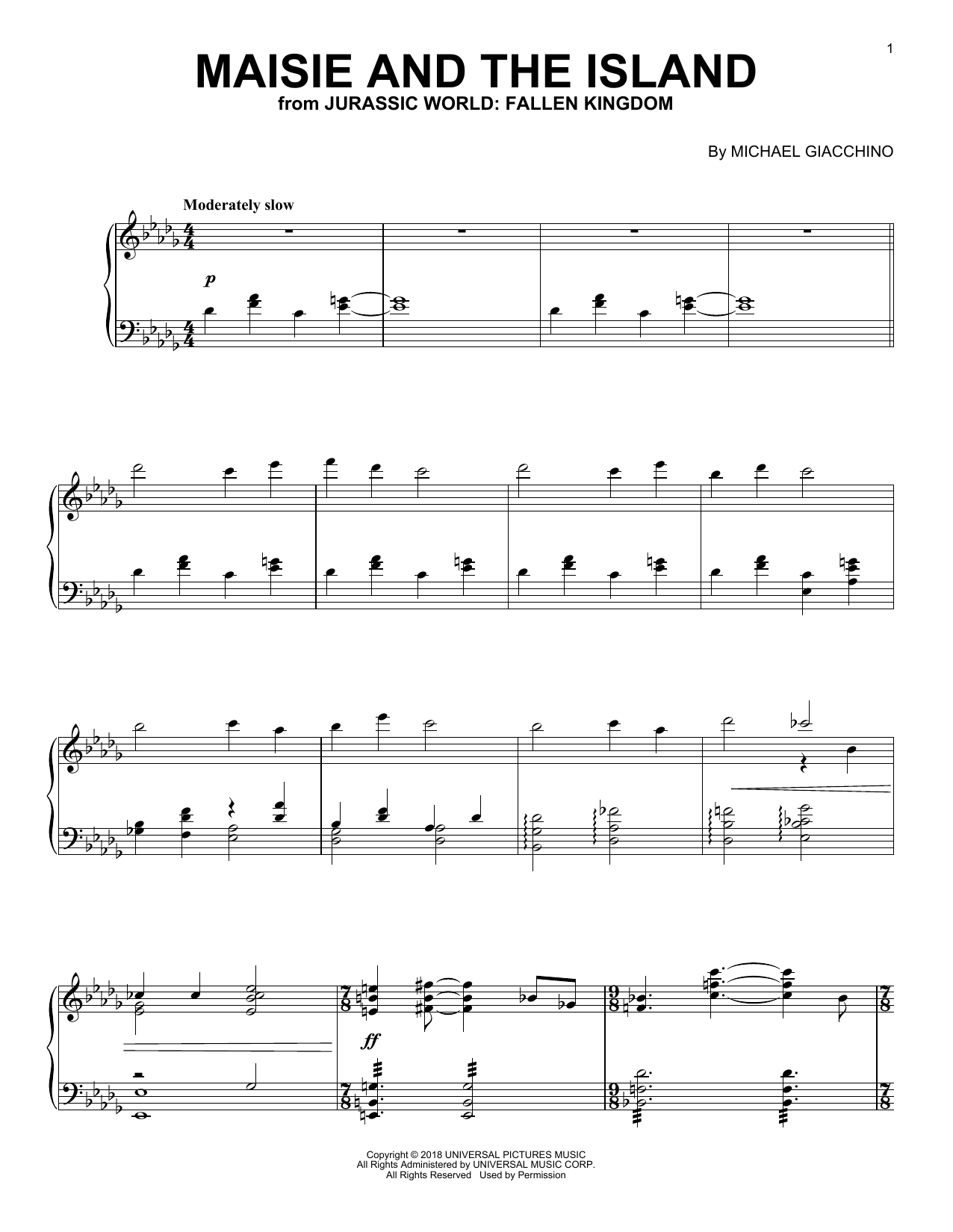 Preview Michael Giacchino Maisie And The Island (from Jurassic World: Fallen Kingdom) Classical sheet music, notes and chords for Piano, SKU: 255122 sheet music, piano notes, chords, guitar tabs, score, transpose, transcribe, how to play, guide, download, learn, tutorial, progression, song, artist, awards, billboard, mtv, vh1, tour, single, album, release