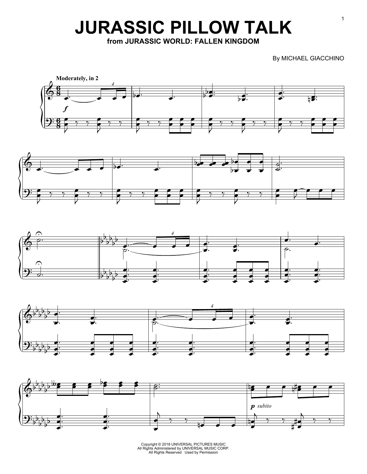 Preview Michael Giacchino Jurassic Pillow Talk (from Jurassic World: Fallen Kingdom) Classical sheet music, notes and chords for Piano, SKU: 255123 sheet music, piano notes, chords, guitar tabs, score, transpose, transcribe, how to play, guide, download, learn, tutorial, progression, song, artist, awards, billboard, mtv, vh1, tour, single, album, release