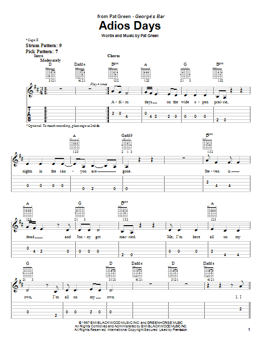 Preview Pat Green Adios Days Country sheet music, notes and chords for Easy Guitar Tab, SKU: 25521 sheet music, piano notes, chords, guitar tabs, score, transpose, transcribe, how to play, guide, download, learn, tutorial, progression, song, artist, awards, billboard, mtv, vh1, tour, single, album, release