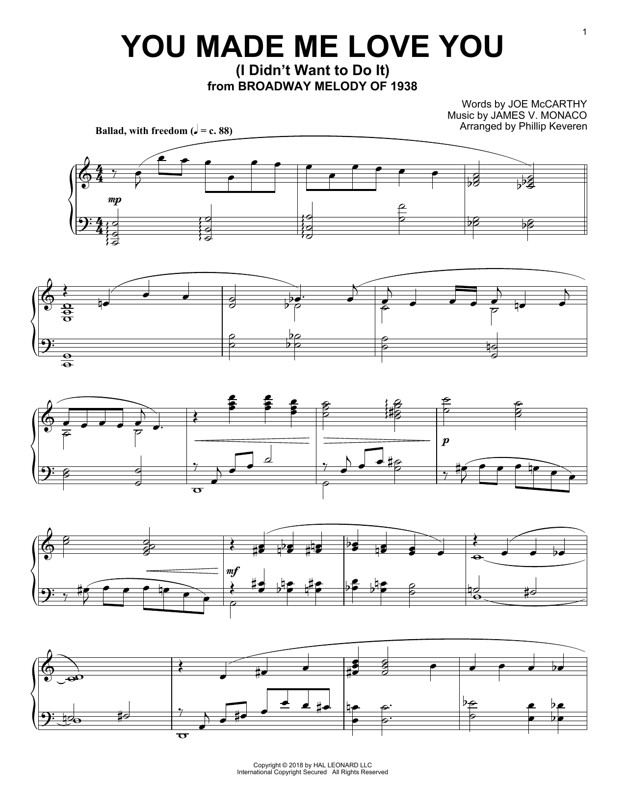 Preview Joe McCarthy You Made Me Love You (I Didn't Want To Do It) (arr. Phillip Keveren) Folk sheet music, notes and chords for Piano, SKU: 255220 sheet music, piano notes, chords, guitar tabs, score, transpose, transcribe, how to play, guide, download, learn, tutorial, progression, song, artist, awards, billboard, mtv, vh1, tour, single, album, release