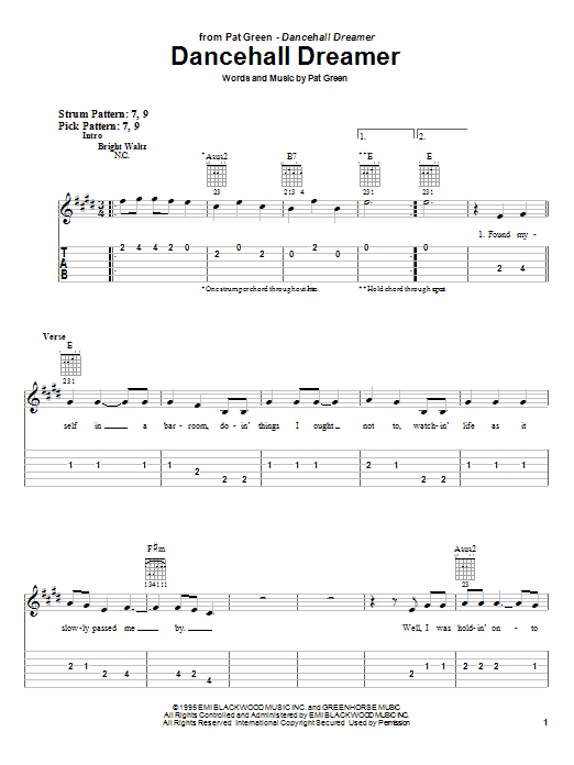 Preview Pat Green Dancehall Dreamer Country sheet music, notes and chords for Easy Guitar Tab, SKU: 25524 sheet music, piano notes, chords, guitar tabs, score, transpose, transcribe, how to play, guide, download, learn, tutorial, progression, song, artist, awards, billboard, mtv, vh1, tour, single, album, release