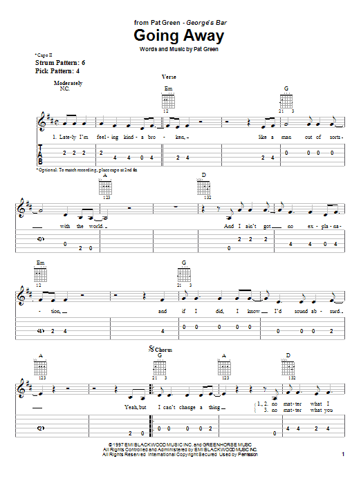 Preview Pat Green Going Away Country sheet music, notes and chords for Easy Guitar Tab, SKU: 25529 sheet music, piano notes, chords, guitar tabs, score, transpose, transcribe, how to play, guide, download, learn, tutorial, progression, song, artist, awards, billboard, mtv, vh1, tour, single, album, release