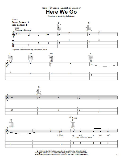 Preview Pat Green Here We Go Country sheet music, notes and chords for Easy Guitar Tab, SKU: 25530 sheet music, piano notes, chords, guitar tabs, score, transpose, transcribe, how to play, guide, download, learn, tutorial, progression, song, artist, awards, billboard, mtv, vh1, tour, single, album, release