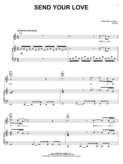 Preview Sting Send Your Love Rock sheet music, notes and chords for Piano, Vocal & Guitar (Right-Hand Melody), SKU: 25561 sheet music, piano notes, chords, guitar tabs, score, transpose, transcribe, how to play, guide, download, learn, tutorial, progression, song, artist, awards, billboard, mtv, vh1, tour, single, album, release