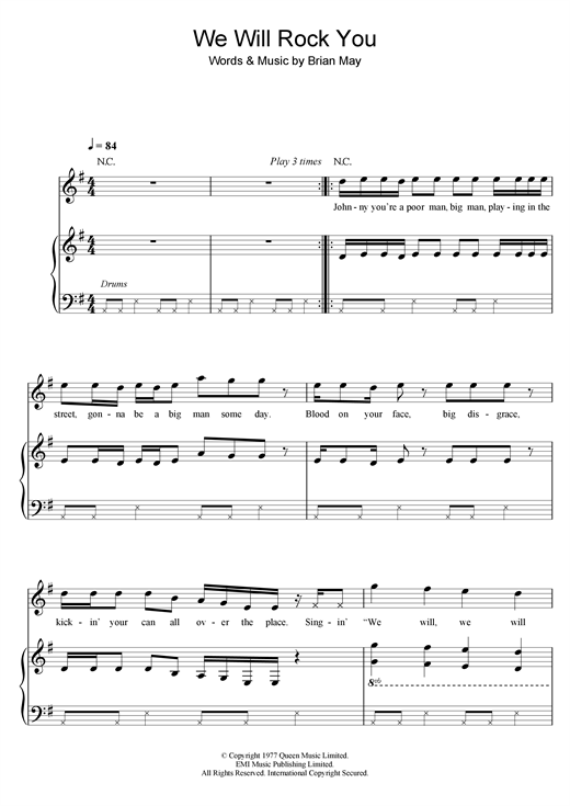 Preview Robbie Williams We Will Rock You Pop sheet music, notes and chords for Piano, Vocal & Guitar (Right-Hand Melody), SKU: 25573 sheet music, piano notes, chords, guitar tabs, score, transpose, transcribe, how to play, guide, download, learn, tutorial, progression, song, artist, awards, billboard, mtv, vh1, tour, single, album, release