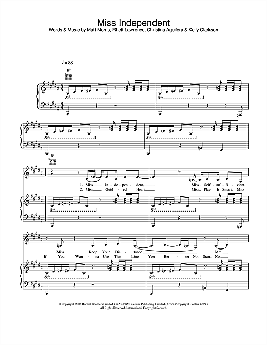 Preview Kelly Clarkson Miss Independent Pop sheet music, notes and chords for Piano, Vocal & Guitar, SKU: 25593 sheet music, piano notes, chords, guitar tabs, score, transpose, transcribe, how to play, guide, download, learn, tutorial, progression, song, artist, awards, billboard, mtv, vh1, tour, single, album, release
