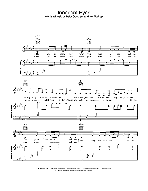 Preview Delta Goodrem Innocent Eyes Pop sheet music, notes and chords for Piano, Vocal & Guitar, SKU: 25597 sheet music, piano notes, chords, guitar tabs, score, transpose, transcribe, how to play, guide, download, learn, tutorial, progression, song, artist, awards, billboard, mtv, vh1, tour, single, album, release