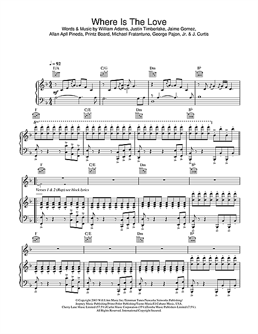 Preview The Black Eyed Peas Where Is The Love Pop sheet music, notes and chords for Piano, Vocal & Guitar, SKU: 25653 sheet music, piano notes, chords, guitar tabs, score, transpose, transcribe, how to play, guide, download, learn, tutorial, progression, song, artist, awards, billboard, mtv, vh1, tour, single, album, release