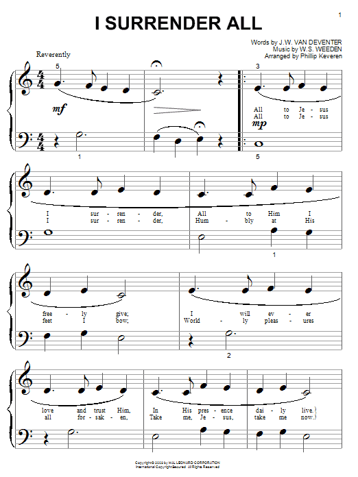Preview Judson W. Van De Venter I Surrender All Hymn sheet music, notes and chords for Piano (Big Notes), SKU: 25672 sheet music, piano notes, chords, guitar tabs, score, transpose, transcribe, how to play, guide, download, learn, tutorial, progression, song, artist, awards, billboard, mtv, vh1, tour, single, album, release