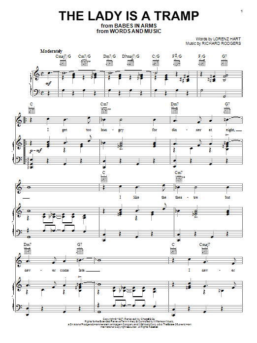 Preview Frank Sinatra The Lady Is A Tramp Jazz sheet music, notes and chords for Piano, Vocal & Guitar (Right-Hand Melody), SKU: 25680 sheet music, piano notes, chords, guitar tabs, score, transpose, transcribe, how to play, guide, download, learn, tutorial, progression, song, artist, awards, billboard, mtv, vh1, tour, single, album, release